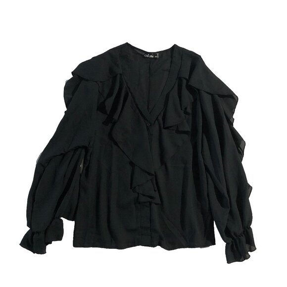 Chic Me Womens Size L Black V-Neck Wavy Edge Butterfly Long Sleeve Blouse - Picture 2 of 9